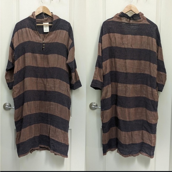 Ichi Antiquités Wide Stripe Long Sleeve Dress w/ collar, buttons, pockets - Picture 2 of 6